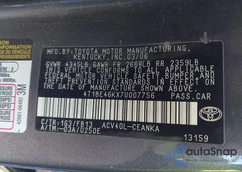 2007 Toyota Camry Le from USA, damaged, VIN 4T1BE46KX7U007756